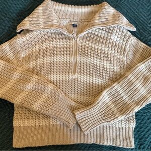 Women's AE American Eagle Aerie Beige Striped Half Zip Sweater